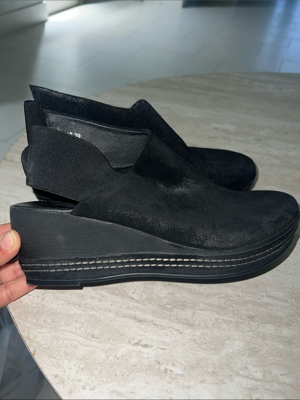 Antelope Black Suede Platform Slip-On Wedges